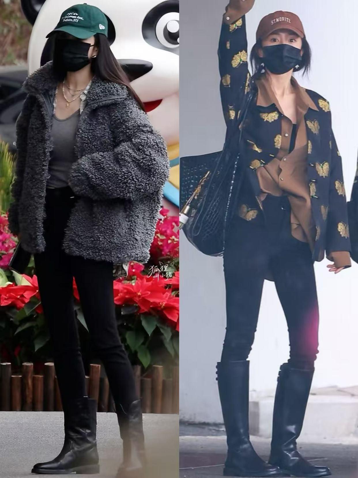 长靴女明星_冬季穿搭短外套修身长裤长筒靴_杨幂时尚搭配技巧